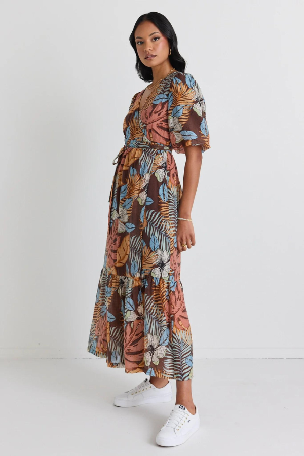 Among The Brave Ocean SS Wrap Midi Dress - Tropical Chocolate Print