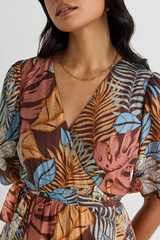 Among The Brave Ocean SS Wrap Midi Dress - Tropical Chocolate Print