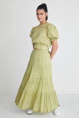 Ivy + Jack Charming Pistachio Shirred Cotton Tiered Maxi Skirt - Green