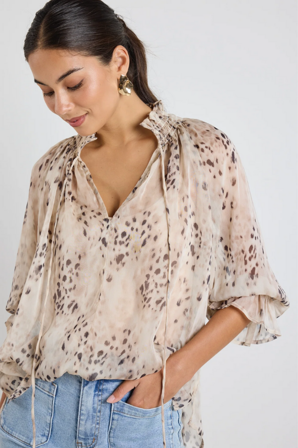 Among The Brave Odyssey Georgette LS Top - Beige Leopard
