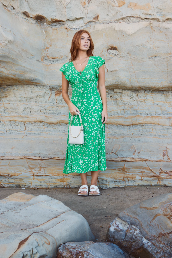 Among The Brave Ovation Green Floral Tie Dress