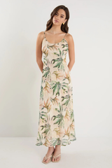 Among The Brave Hologram Bias Slip Midi Dress - Palm Breeze Print
