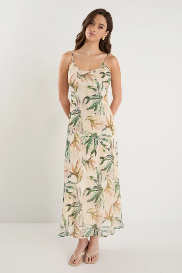 Among The Brave Hologram Bias Slip Midi Dress - Palm Breeze Print