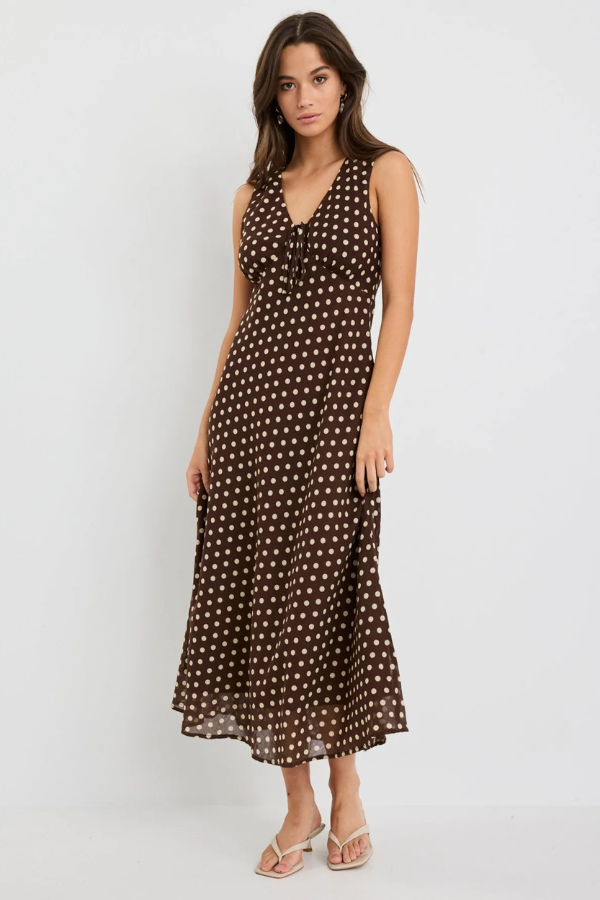 Among The Brave Infinity Sleeveless Bias  Midi Dress - Chocolate Polka Dot