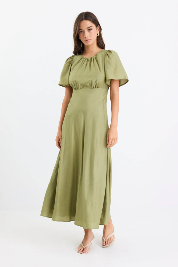 Among The Brave Meridian Flutter Sleeve Maxi Dress - Moss