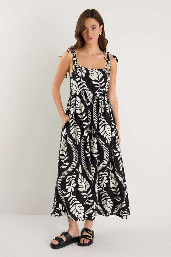 Among The Brave Nimbus Strap Maxi Dress - Black Ivory Leaf