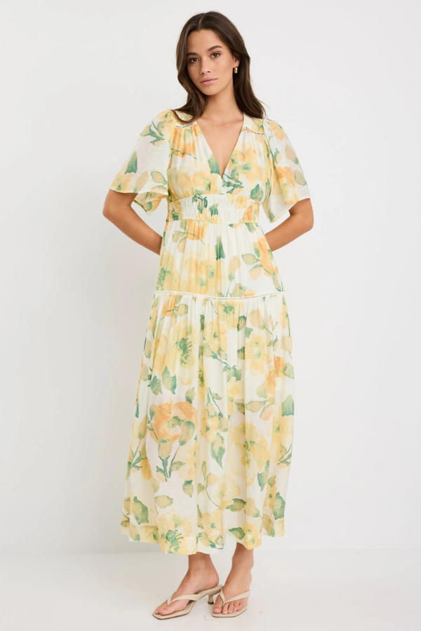 By Rosa Fluent Crinkle Flutter Sleeve Maxi Dress - Honey Floral