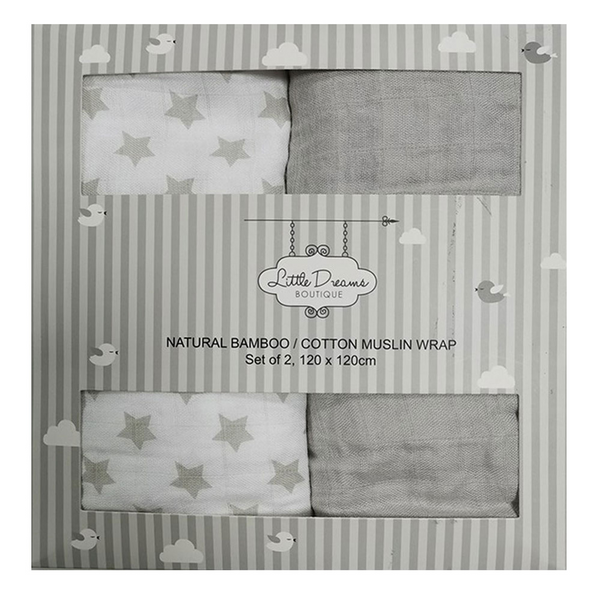 Baby Bow Natural Bamboo Cotton Muslin Wrap - Box Set of 2