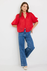 Ivy & Jack Continuance Poppy Ramie High Neck Buttoned SS Top