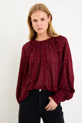 Stories Be Told Cosmopolitan Polka Dot Crew Neck Floaty LS Top - Burgundy