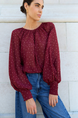 Stories Be Told Cosmopolitan Polka Dot Crew Neck Floaty LS Top - Burgundy