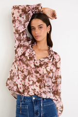 Among The Brave Odyssey Shirred Neck LS Top - Blush Choc Floral