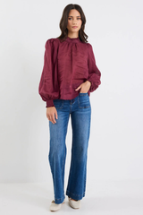 By Rosa Poet Sheer LS High Neck Top - Burgundy Plum