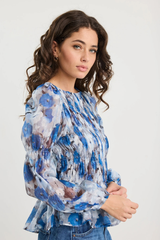 Among The Brave Required Floral LS Shirred Bodice Top - Sky Blue