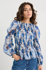 Among The Brave Required Floral LS Shirred Bodice Top - Sky Blue