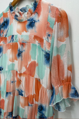 Pre Loved Leo + Be Apricot/Blue SS Tiered Floral  Dress 10