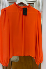 Pre-Loved Bright Orange Frill Necked LS Shirt 8/10