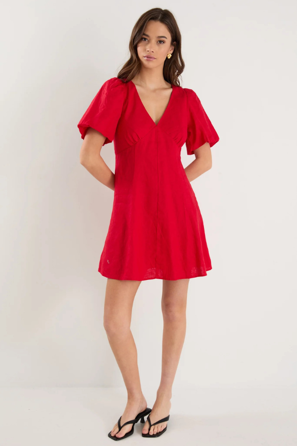 Among The Brave Adelaide Linen Puff Sleeve Mini Dress