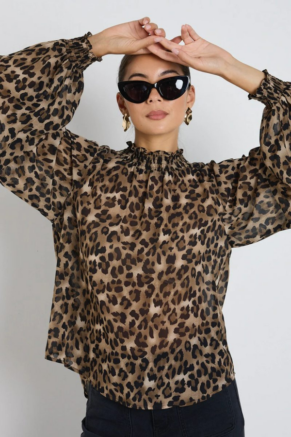 Among The Brave Embrace Georgette High Neck LS Top - Leopard