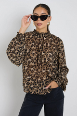 Among The Brave Embrace Georgette High Neck LS Top - Leopard