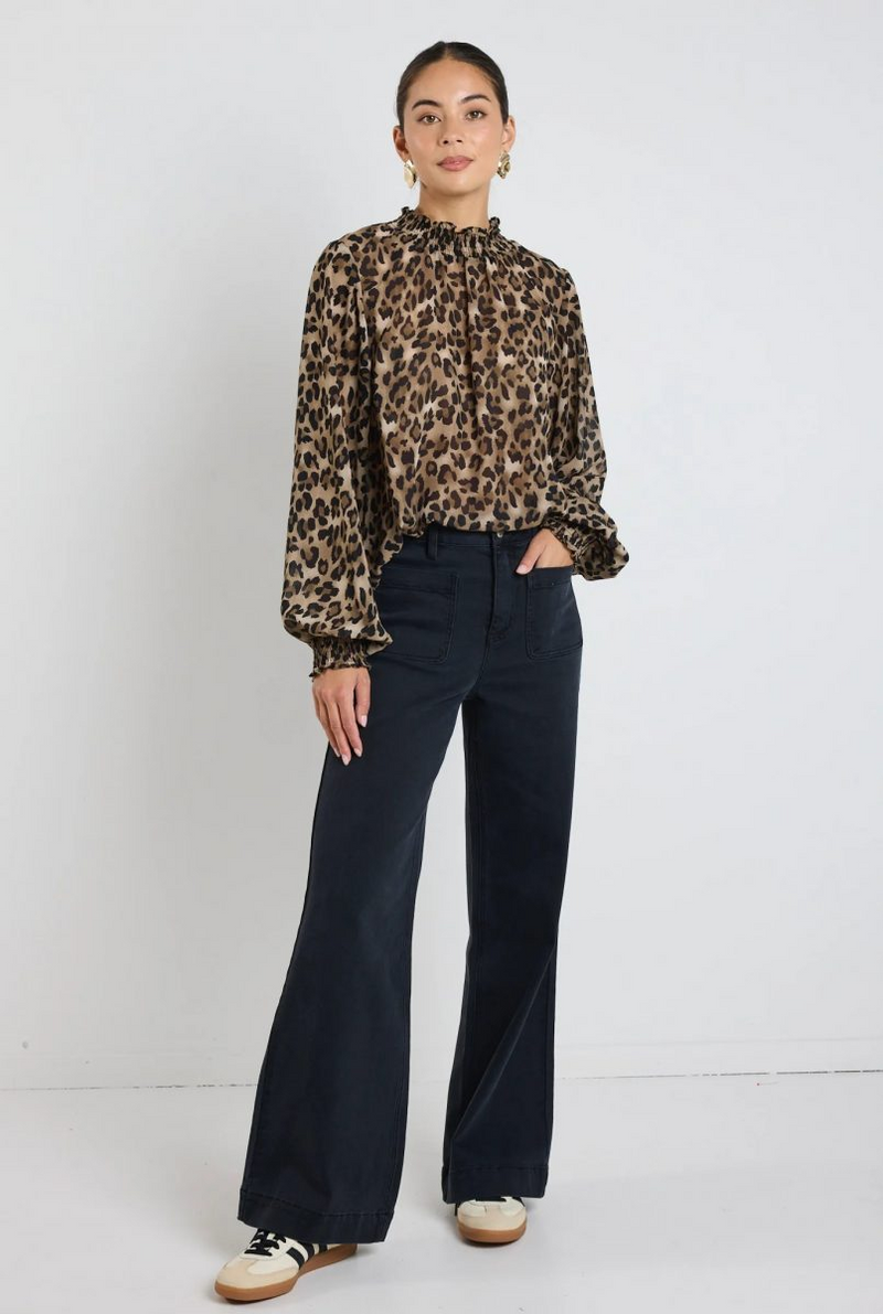 Among The Brave Embrace Georgette High Neck LS Top - Leopard