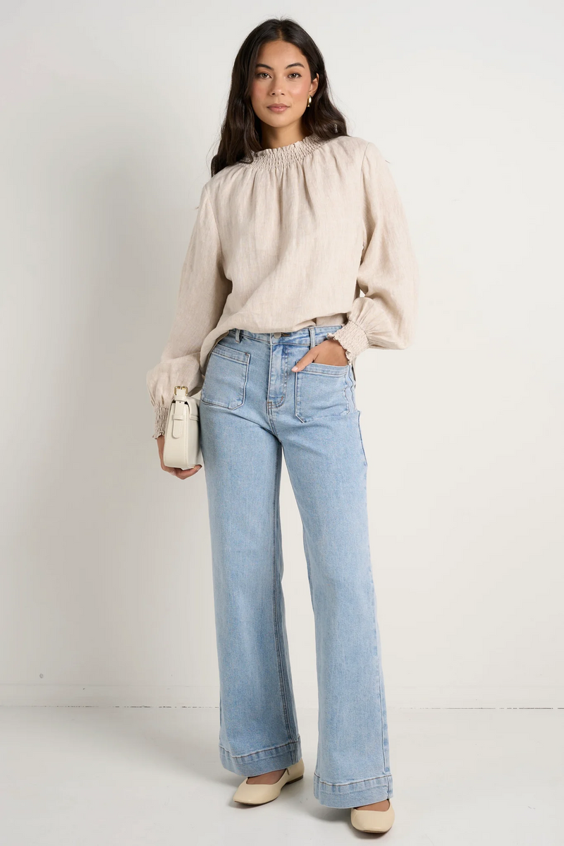 Among The Brave Embrace Shirred Neck LS Top - Natural Linen