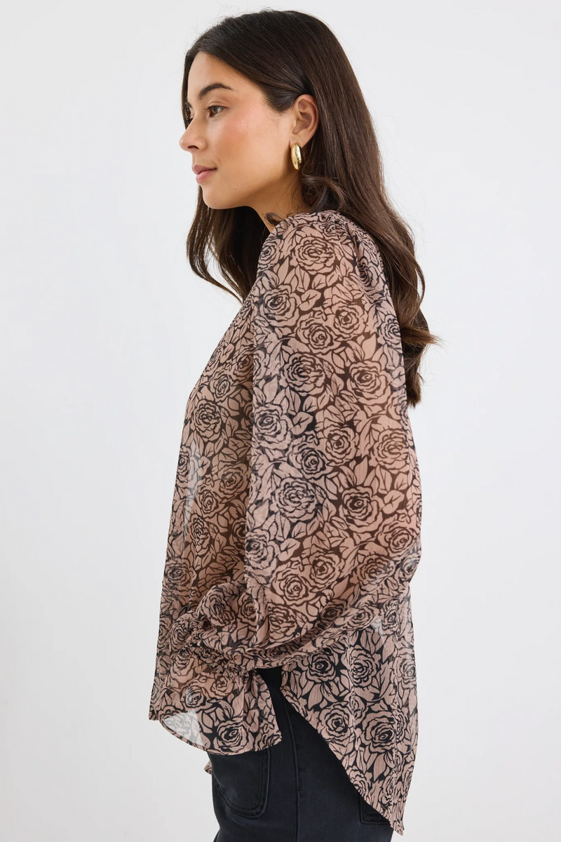 By Rosa Endless Georgette BlousonSleeve LS Top - Black Taupe Roses