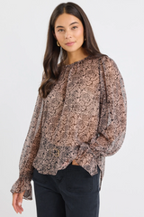 By Rosa Endless Georgette BlousonSleeve LS Top - Black Taupe Roses