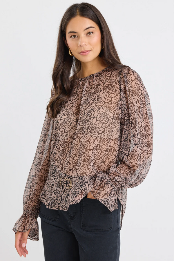 By Rosa Endless Georgette BlousonSleeve LS Top - Black Taupe Roses