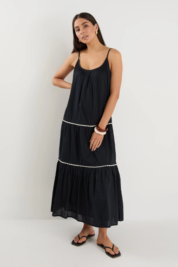 Ivy & Jack Lately Black Strappy Tiered Maxi Dress