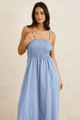 Rhythm Classic Shirred Midi Dress - STEEL BLUE