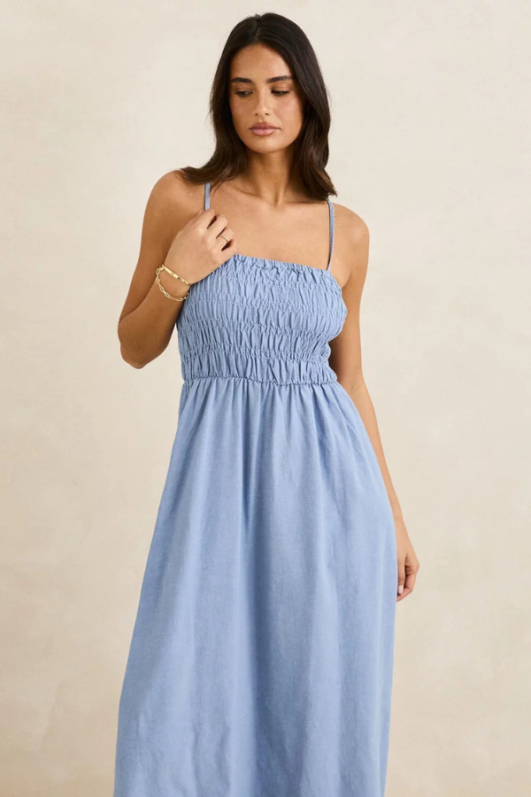 Rhythm Classic Shirred Midi Dress - STEEL BLUE