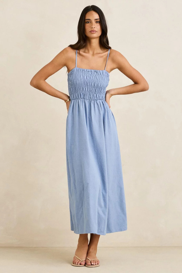 Rhythm Classic Shirred Midi Dress - STEEL BLUE