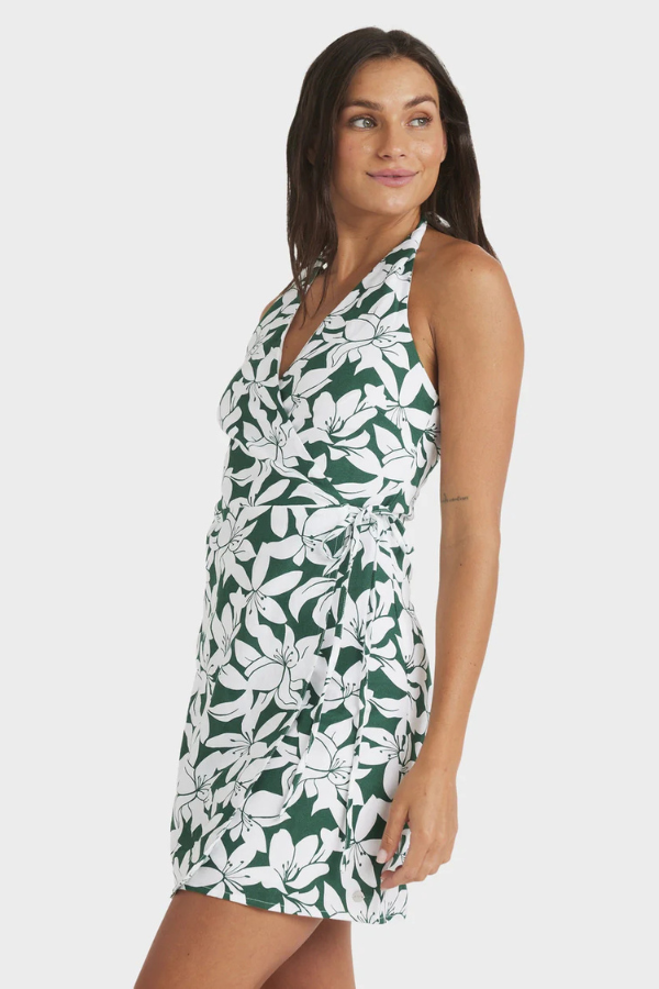 Roxy Khloe Vista Wrap Mini Halter Neck Dress - EVERGREEN