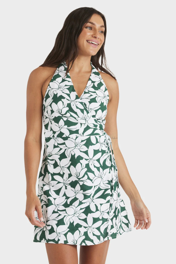 Roxy Khloe Vista Wrap Mini Halter Neck Dress - EVERGREEN
