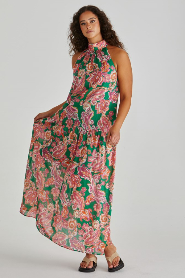 pink and green paisley dress Brillora Women's Pink And Green Paisley Print Boho Summer Dress,V-Neck Ruffle Sleeve Mini Dress For Beach Vacation Holiday,Elegant Floral Green Dress