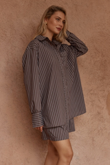Sass Marty Piped Stripe Shirt - CHOCOLATE STRIPE BROWN