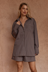 Sass Marty Piped Stripe Shirt - CHOCOLATE STRIPE BROWN