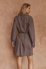 Sass Mel Stripe Shirt Dress - CHOC STRIPE BROWN