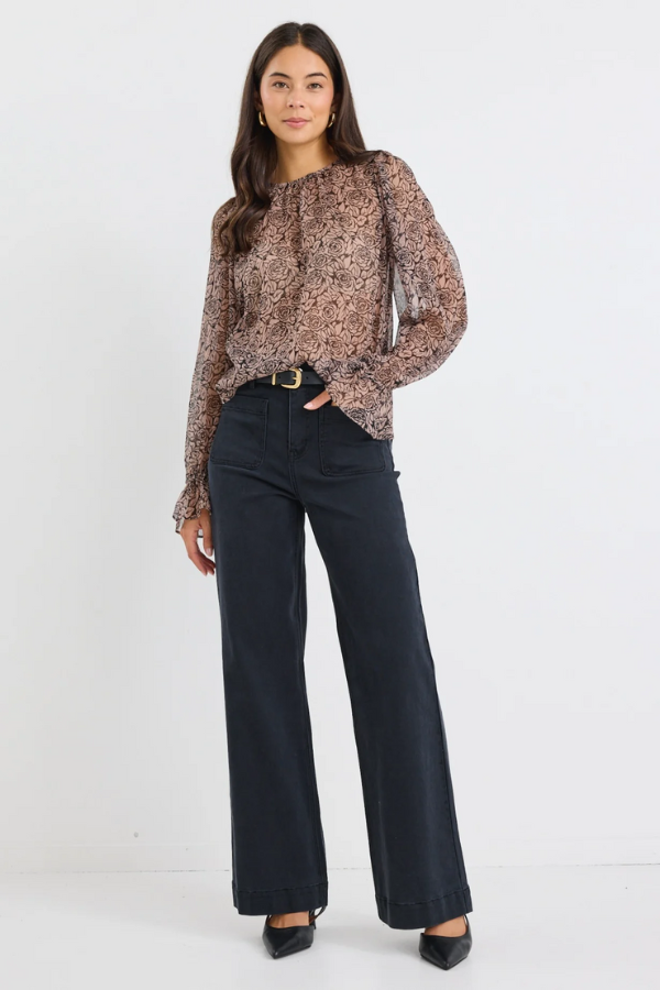 By Rosa Endless Georgette BlousonSleeve LS Top - Black Taupe Roses