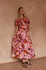 Sass Jo Off Shoulder Dress - PEONY PRINT PINK