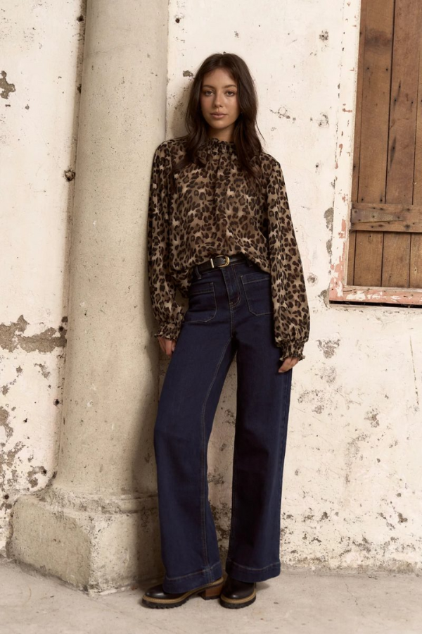 Among The Brave Embrace Georgette High Neck LS Top - Leopard