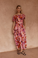 Sass Jo Off Shoulder Dress - PEONY PRINT PINK