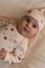 Nature Baby Cotton Knotted Beanie - Petite FLORA STAMP Print