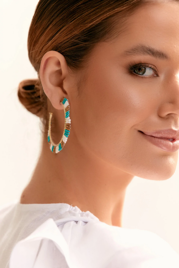 Adorne Beaded Panel Patterned Hoops - Turquoise/Gold