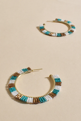 Adorne Beaded Panel Patterned Hoops - Turquoise/Gold