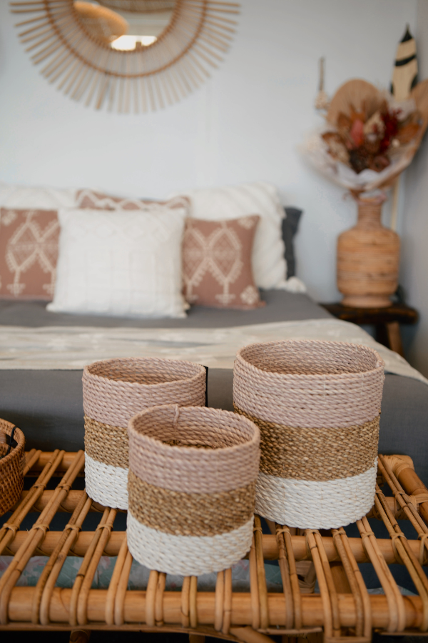 Small Round Basket (Taller size) - Pink/Natural/White