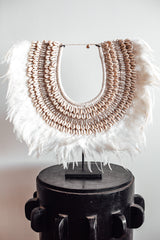 Collar - Feathers WHITE Cowrie Shell with Silver Long Beads
