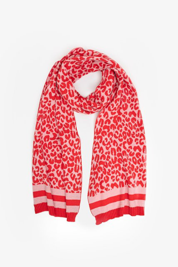 Antler Leopard Knit Scarf - Red & Pink