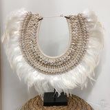 Collar - Feathers WHITE Cowrie Shell with Silver Long Beads